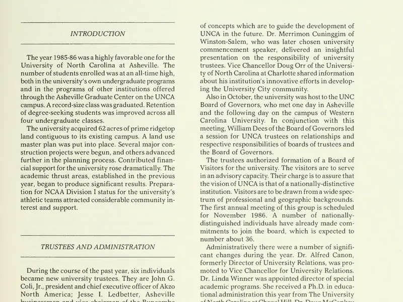 1985-1986 UNCA From UNC President Report